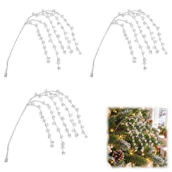 3Pcs Christmas Tree Hanging Crystal Drop Ornaments, Clear Acrylic Bead Branches, Sparkle Icicle Decor for Xmas Tree, Mantel, Winter Wedding & Party Decorations