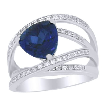 - Trillion Cut Simulated Blue Sapphire and White Sapphire Crisscross Ring In 925 Sterling Silver Ring Size-7