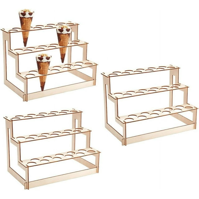 Soporte para conos de helado (paquete de 3) con 33 orificios y 3 niveles. Exhibidor de madera para conos. Soporte para sushi enrollado a mano. Soporte para cupcakes.