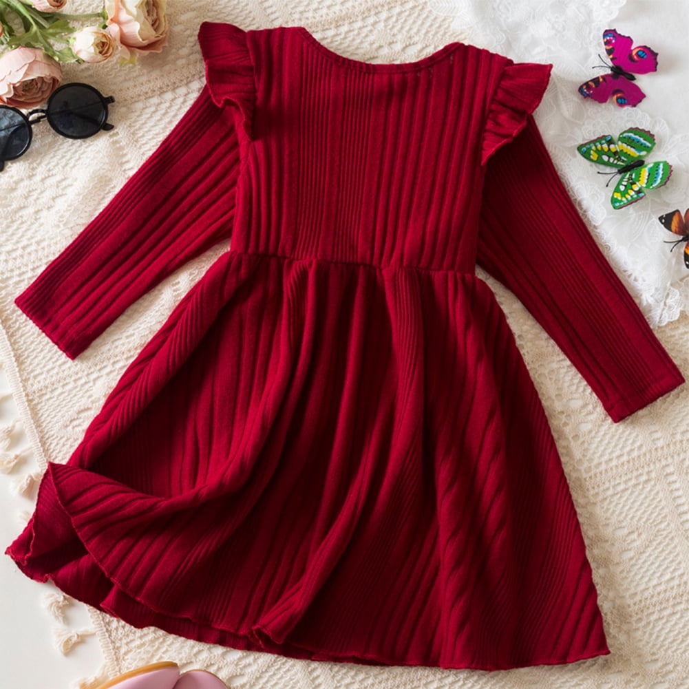 IWEMEK Long Sleeve Dress for Girls Pleated Round Neck Vintage Red Dresses Xmas Party Dress Comfy Knitted Outfit Set 7T