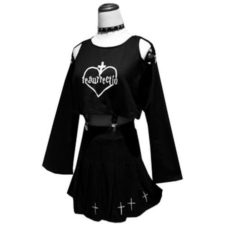 Fancyleo Women Halloween Cosplay Suit Gothic Punk Two Piece Set Sexy Off Shoulder Long Sleeve Crop Top And Skirt Suit Gothic Dark Skirt Set