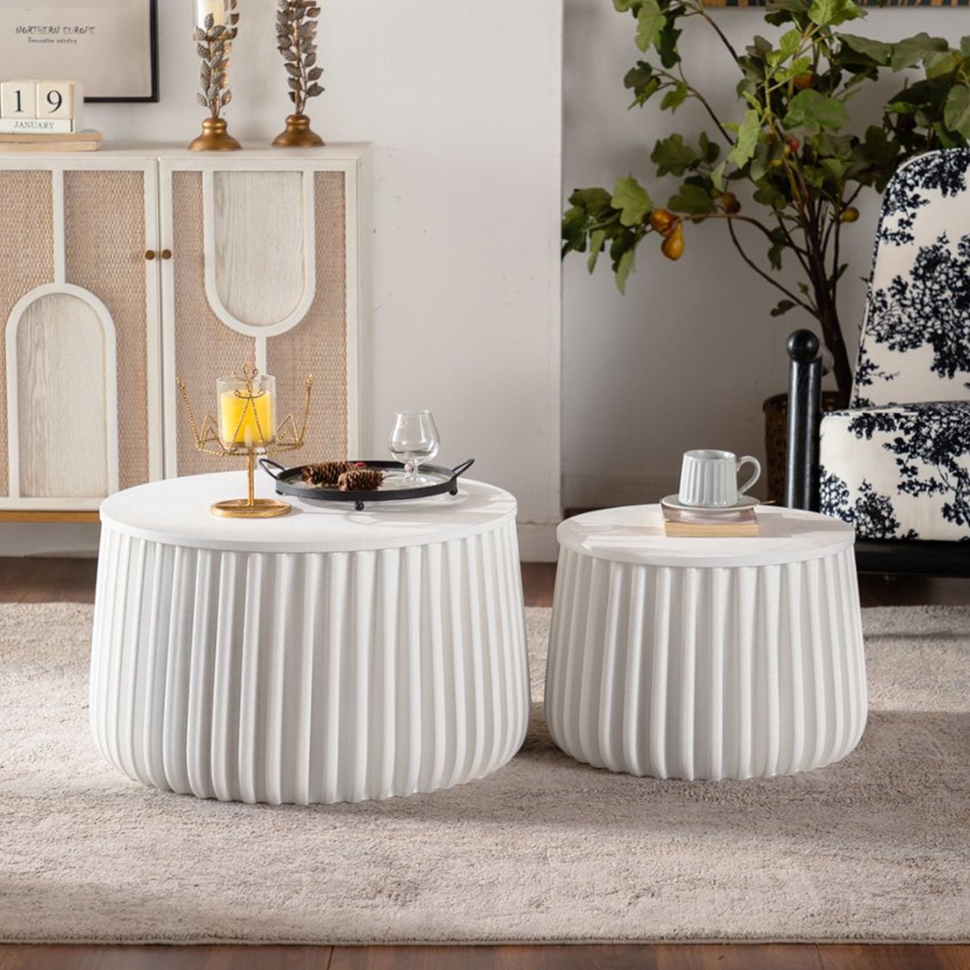 Leumius White Round Storage Table Set with Lift-Off Lid, Nesting Design, Elegant Curved-Edge Shape for Living Room Apartment