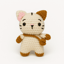 Handmade Crochet Cat Plush with Bag – Soft Woolen Kitty with Pink Flower | Cute Toy for Kids, Girls & Nursery Decor