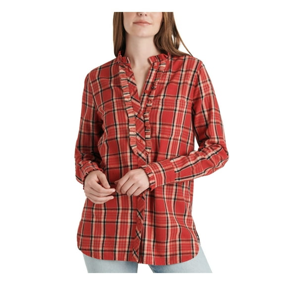LUCKY BRAND Womens Red Plaid Cuffed Crew Neck Button Up Top Size: S