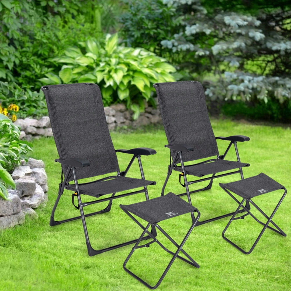 GVN Outdoor Kitchen Chair, Dinner Chairs,4 Pieces Patio Adjustable Back Folding Dining Chair Ottoman Set-Gray