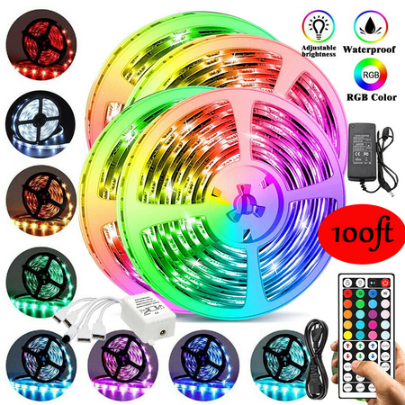 

100ft RGB LED Strip Lights Kit Dimmable Color Changing Light Strips Flexible LED Tape Lights with Remote 12V 100m Strip with RGB 5050 Colored Strip Lighting for Party Bedroom Decoration