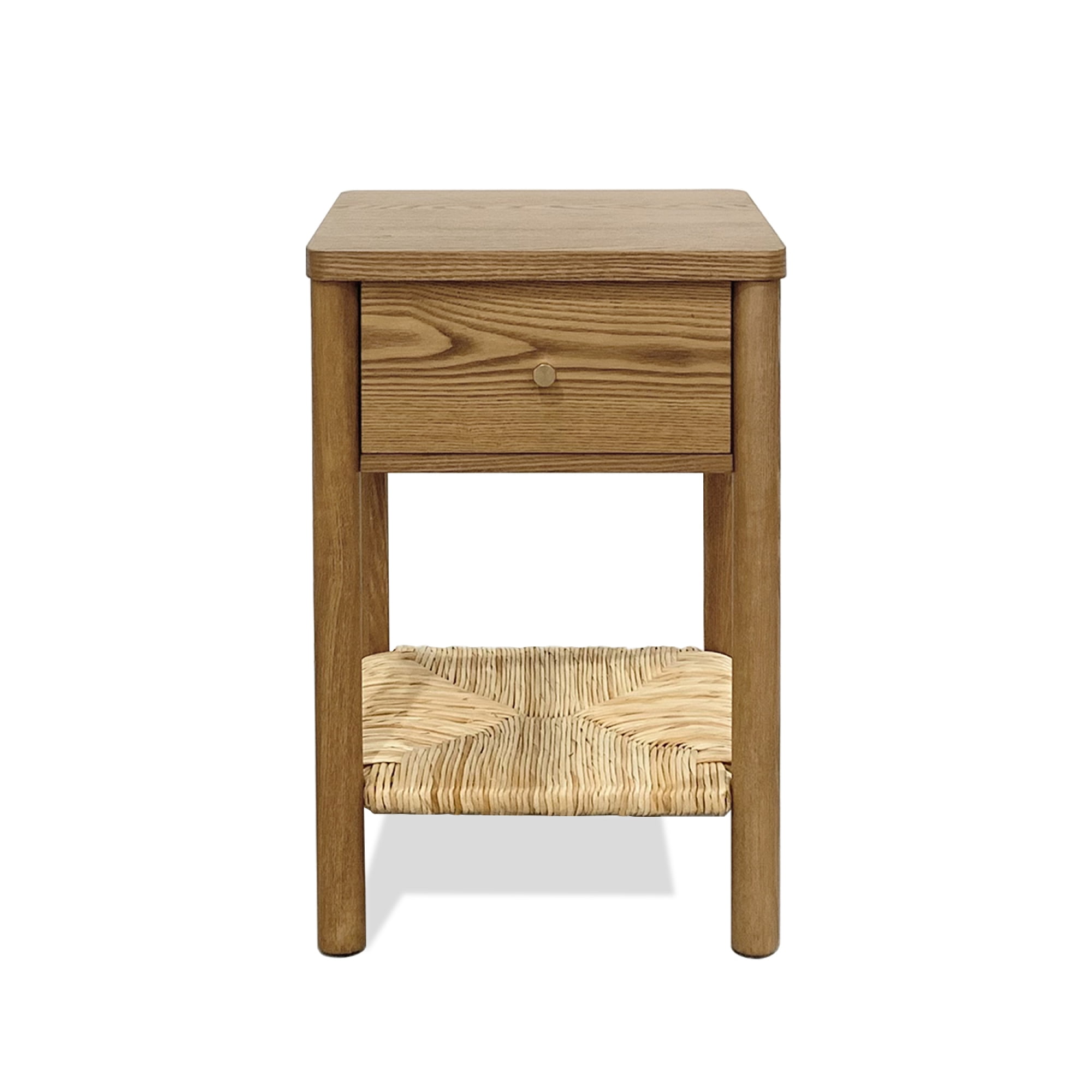 Leumius End Table with Rounded Edge Tabletop, Solid Wood Round Legs, Woven Jute Storage Shelf & Drawer, Nightstand for Bedroom Living Room Walnut
