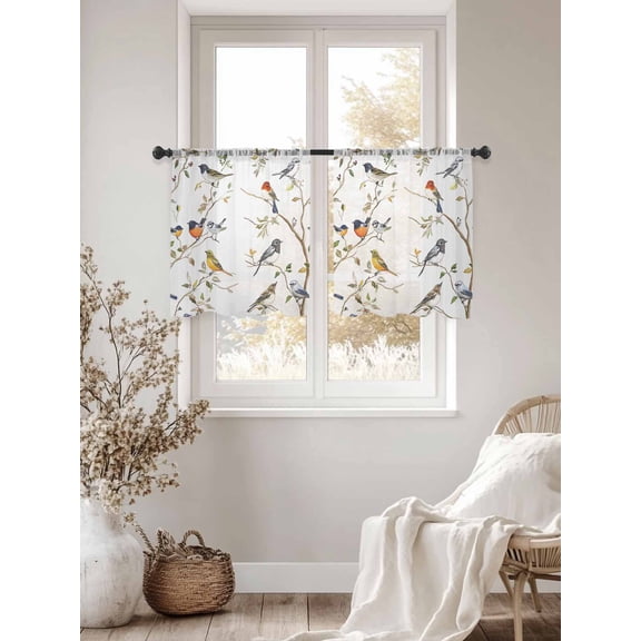 Spring Animal Sheer Curtains 45 Inches Long 2 Panels, Semi Sheer Rod Pocket Window Curtains Light Filtering Drapes Watercolor Funny Bird Gradient Color Leaves Farmhouse for Living Room Bedroom