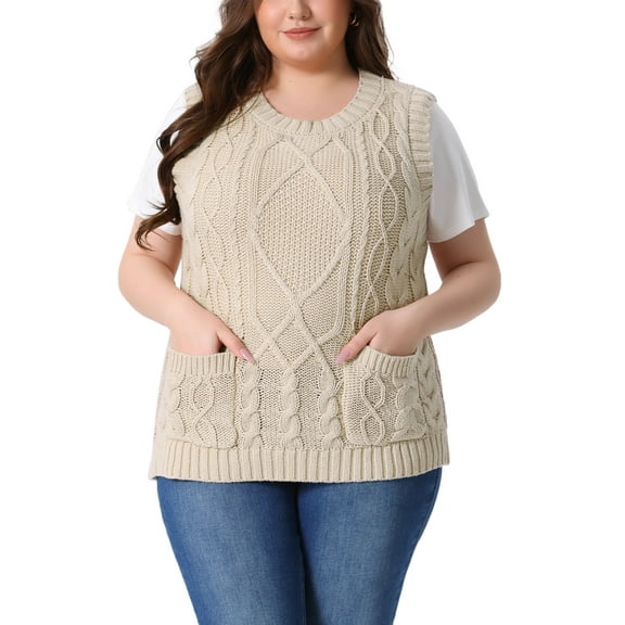 Agnes Orinda Women's Plus Size Cable Knit Sweater Vest Crew Neck Sleeveless Knitted Casual Pullober Sweaters with Pocket 1X Beige