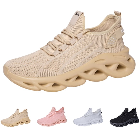 pwidon Women's Platform Sneakers Breathable Knit Lace Up Shock Absorbing Chunky Blade Sole Comfort Casual Walking Running Athletic Shoes Beige 5.5