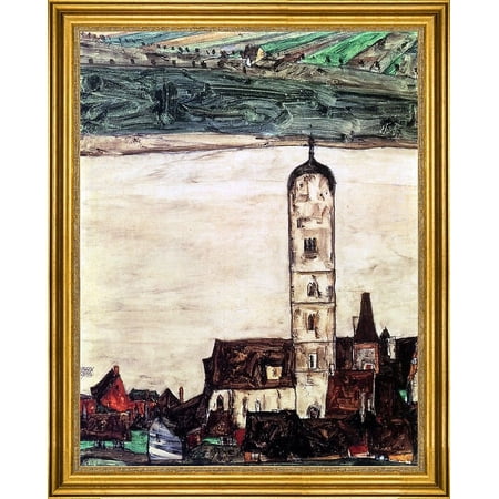 Egon Schiele Stein on the Danube Seen from the Kreuzberg (small version) - 18" x 24" Framed Premium Canvas Print