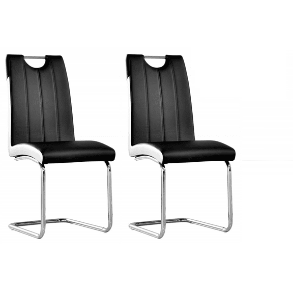 Black Faux Leather Dining Chair Set of 2, Chrome Metal Frame Side Chair with Black Trim