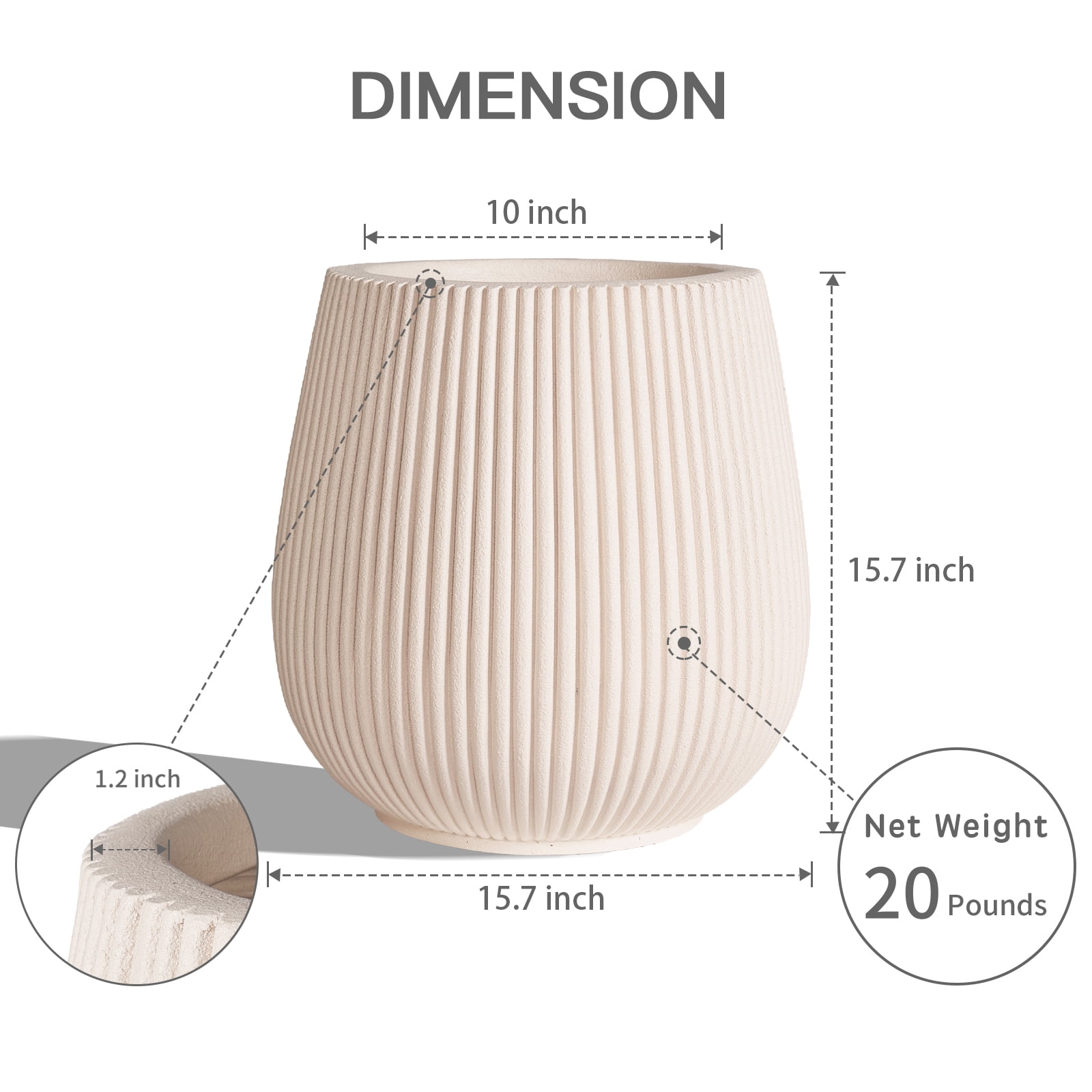 TerraDeco 16 Inch Handmade Concrete Outdoor Planter - Classic Striped Design | Fiberglass & Composite Material | Durable for Commercial & Home Decor