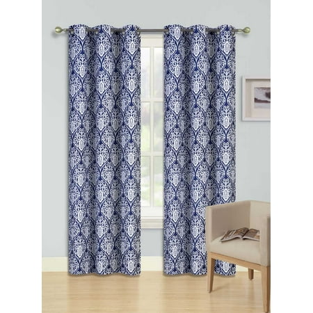Floral Patterned - F12 NAVY BLUE 2-PC Printed BLACKOUT Room Darkening Window Curtain Treatment, Set of Two (2) Floral Swirl Pattern Insulated Thermal Panels 37