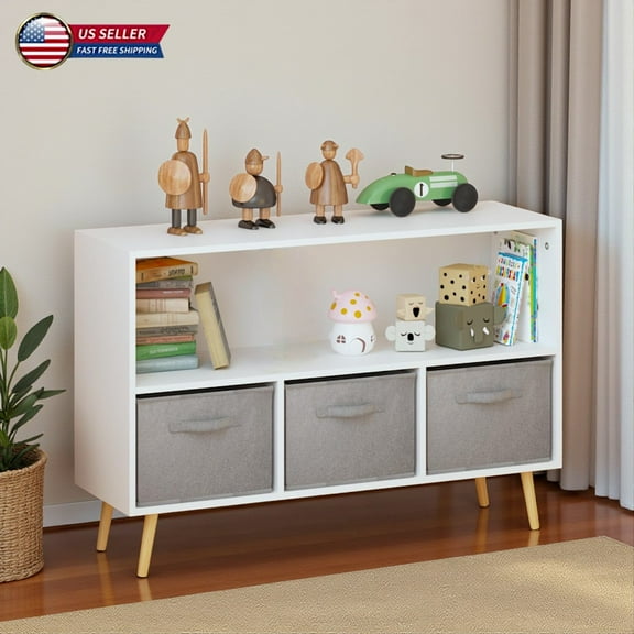 Hassch Living and Learning Kids' Low Bookcase (White) - 24 Inch Wooden Storage Organizer Cubby with Gray Fabric Bins for Playroom and Bedroom