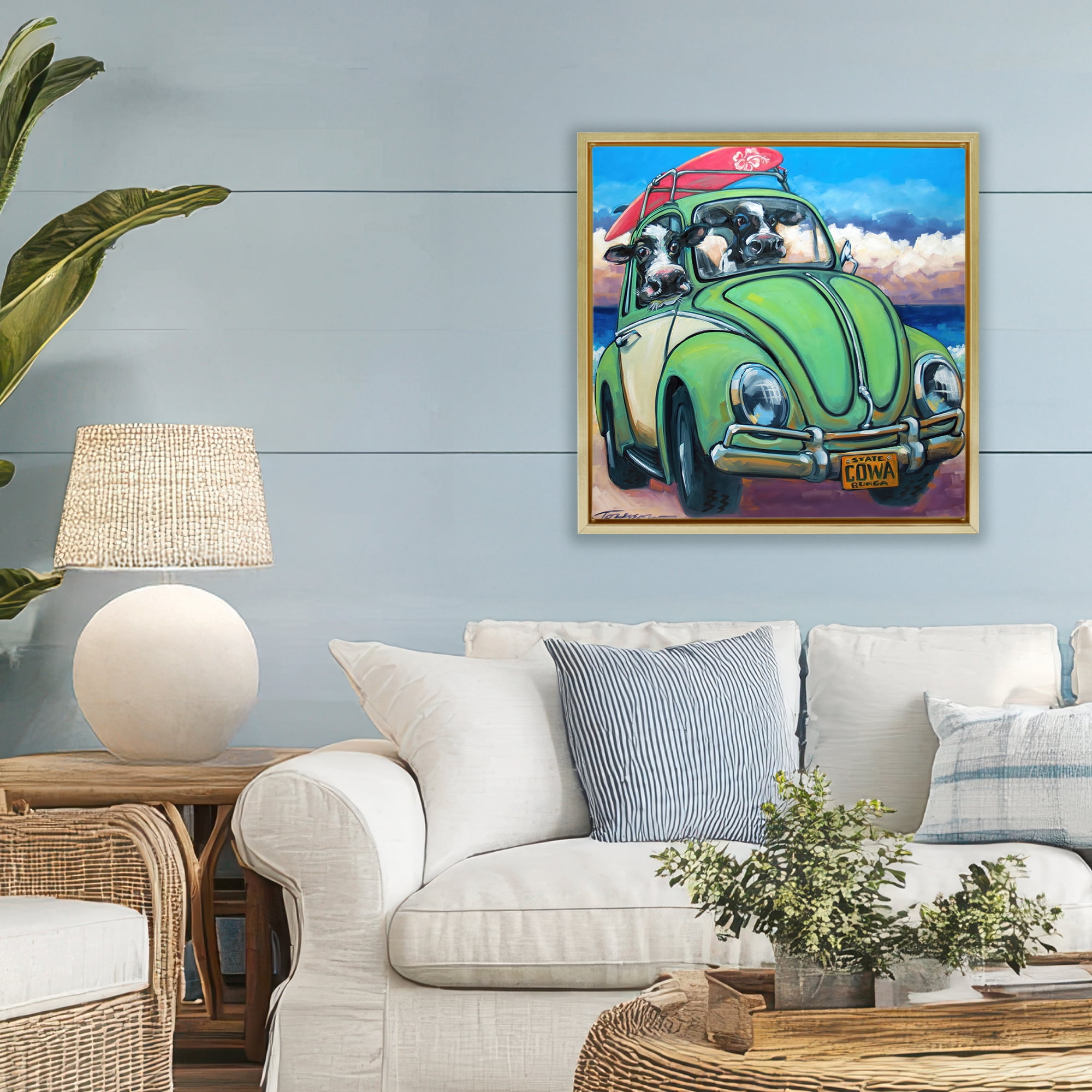 Stupell Industries Cowabunga Surfer Cows Gold Framed Floater Canvas Wall Art, design by CR Townsend