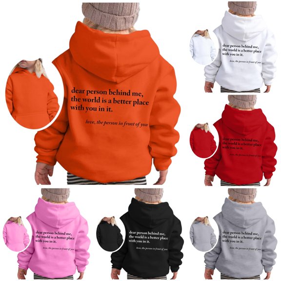 Oiyii Little Girl's Minimal Graphic Hoodie Long Sleeve Back Script Text Print Outdoor Casual Hooded Sweatshirt,Orange
