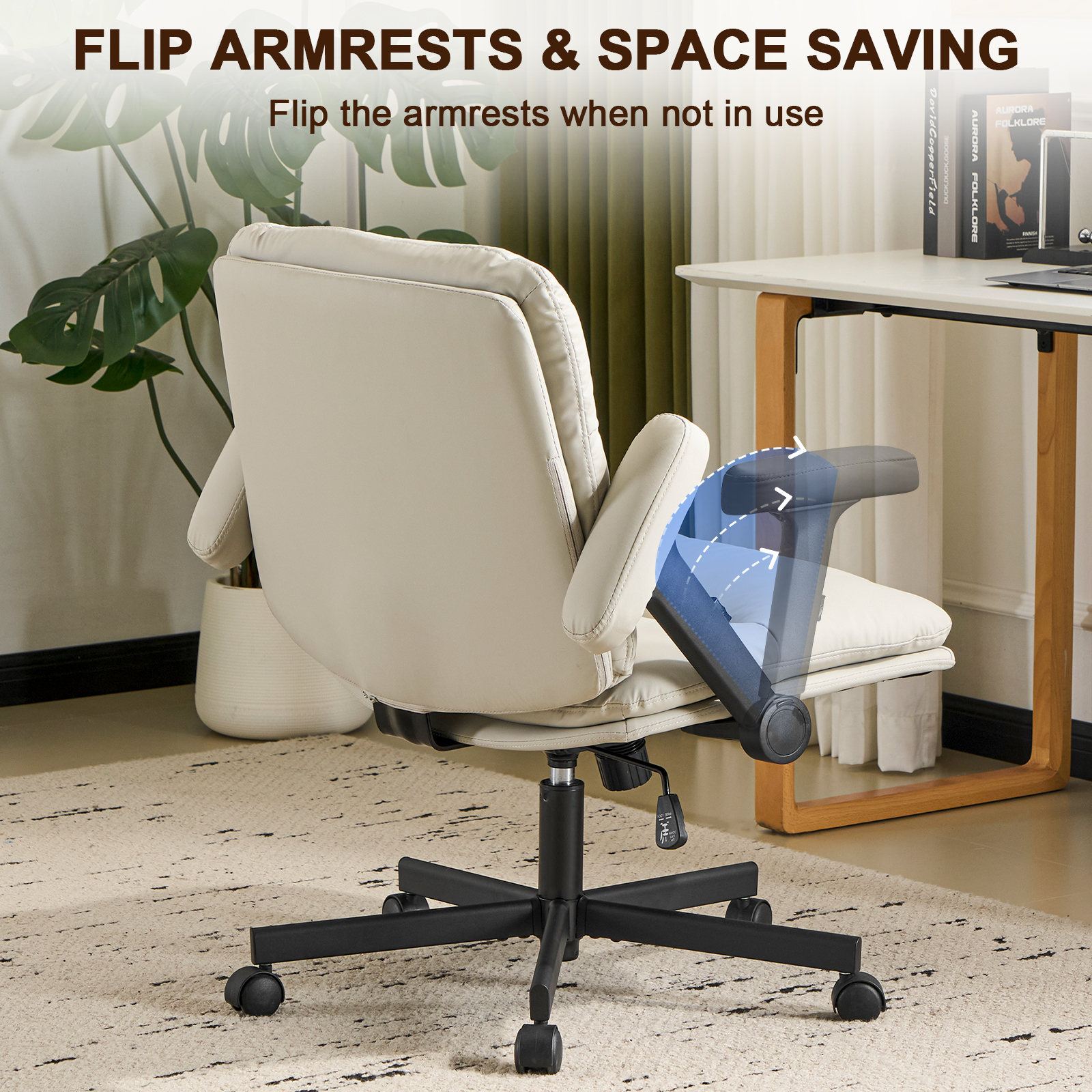Falvinoryn 25.6" Wide Seat Office Chair, High Back Ergonomic Task Chair with Padded Adjustable Armrests and Double Cushion, Swivel Home Office Desk Chair for Office, Bedroom (Off-white)