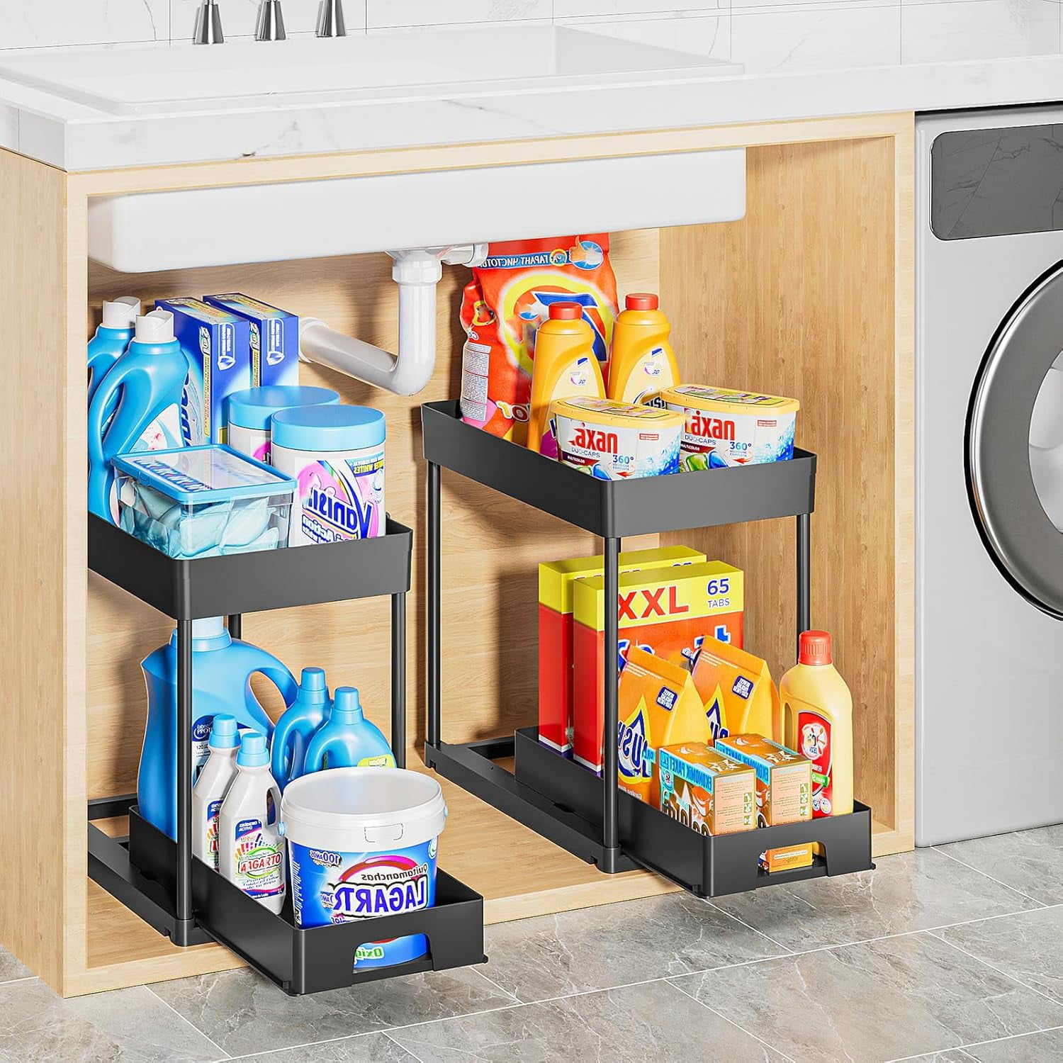 Delamu 2 Pack Under Sink Pull-Out Storage Tier with Hooks, Black, Bathroom, Kitchen Cabinet