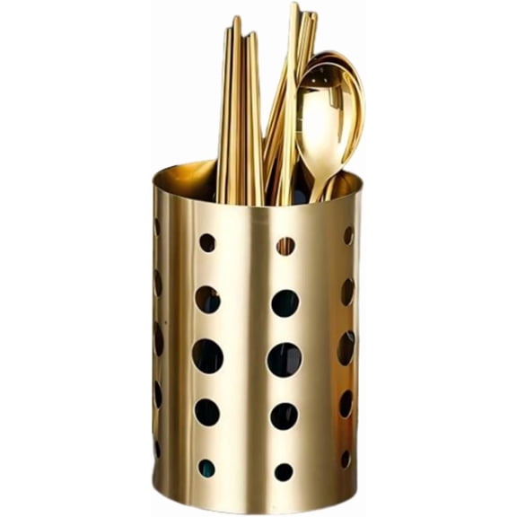 ABCISI Stainless Steel Utensil Holder, 5.9 inch Round Kitchen Utensil Holder Gold Silverware Spoons Spatula Drying Rack for Countertop, Stylish Kitchen Cooking Utensil Organizer