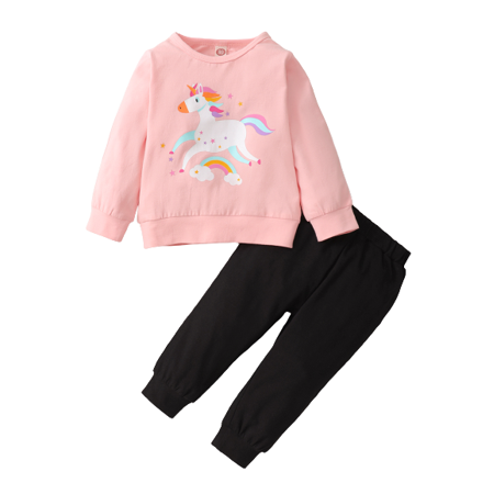 

Kucnuzki 9 Months Baby Girl Fall-Winter Outfits Pants Sets 12 Months Long Sleeve Carton Unicorn Prints Cozy Sweatshirt Tops Elastic Pants 2PCS Set Pink