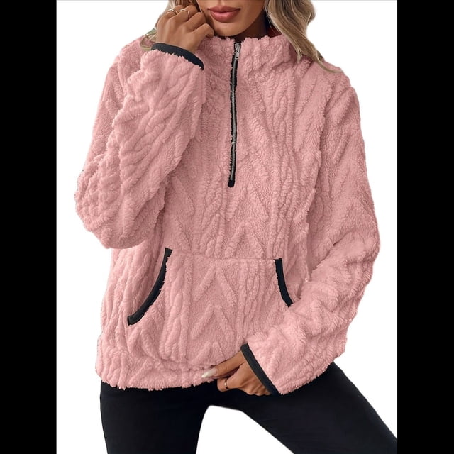 Suéter de Larga con Cremallera de un Cuarto para Mujer, Sudadera de Forro con Capucha, Sudaderas con Solapa, Suéteres Cálidos con Bolsillos. Rosa XL