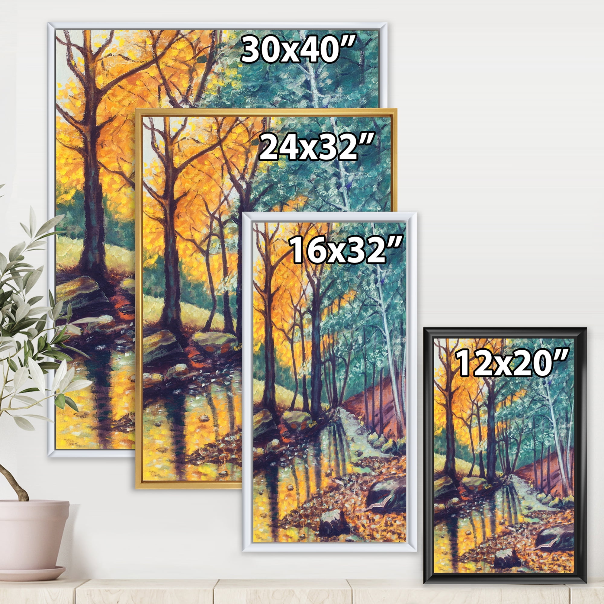 Designart 'Landscape With Autumn Forest Sunset River' Traditional Framed Canvas Wall Art Print