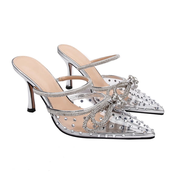 Heel Sandals for Women 8.5CM Pointed toe Sexy Transparent TPU Bow Sparkling Rhinestones Party Dress Heel