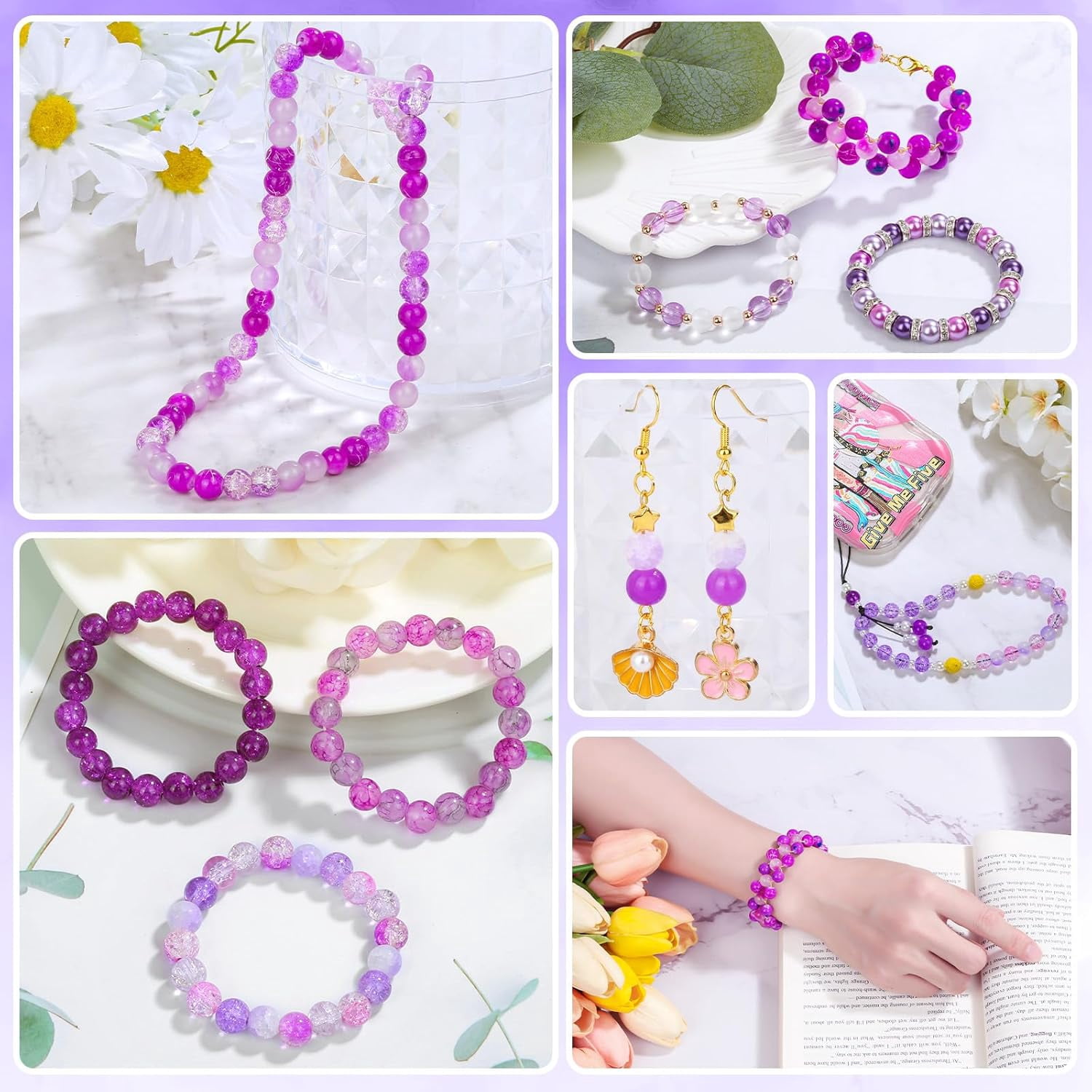 720pcs Glass Beads for Jewelry Making 8mm, 24 Colors Bead Bracelet Making Kit Purple Round Loose Beads for Bracelet Earring Necklace Jewelry Making Supplies