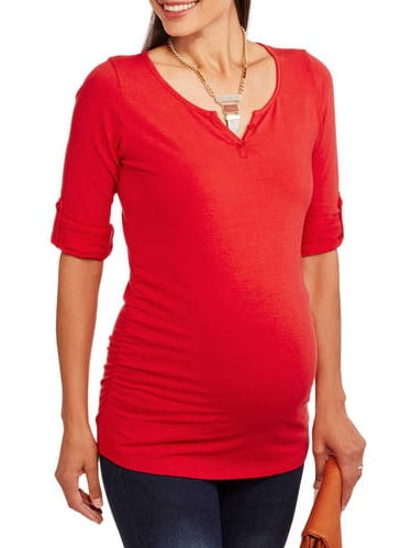 Maternity Roll Sleeve Solid Henley With Flattering Side Ruching