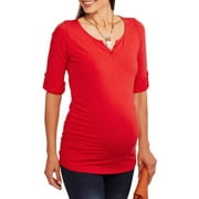 Maternity Roll Sleeve Solid Henley With Flattering Side Ruching