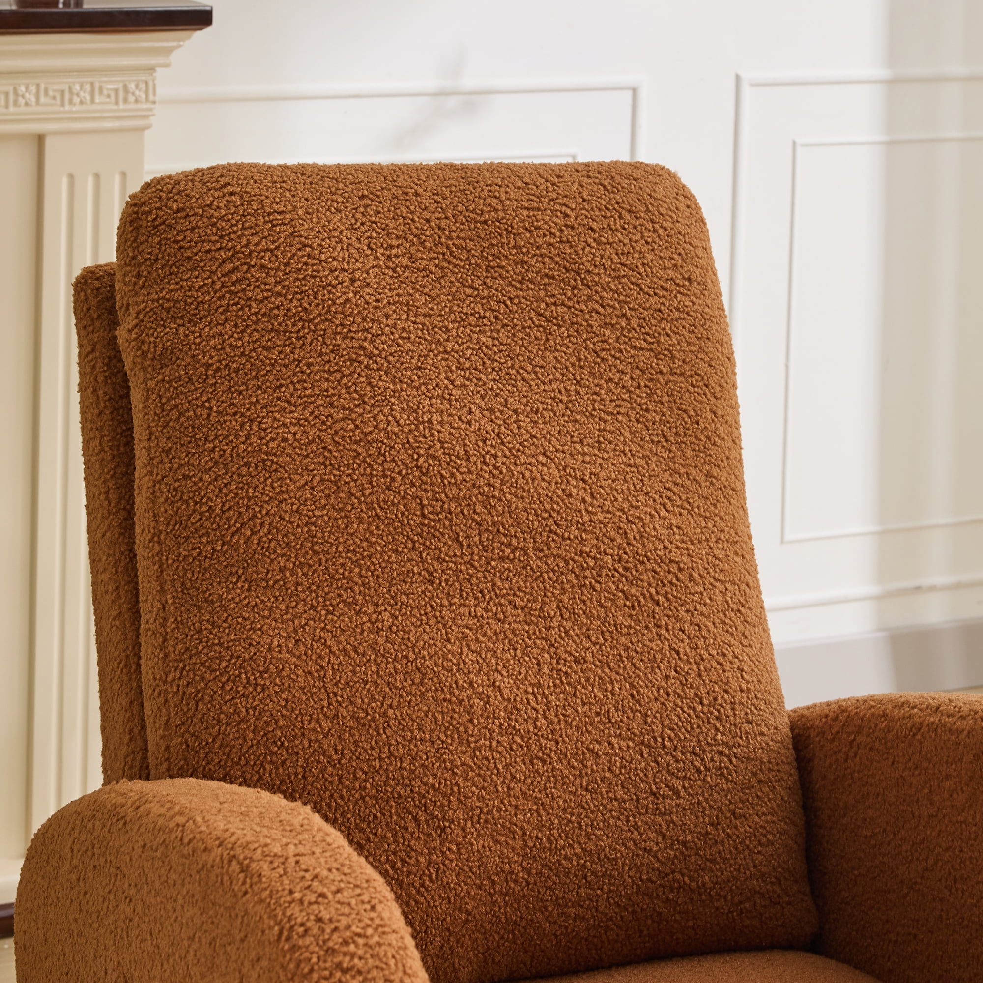 FFZ 27.2W Rocking Chair Nursery Sherpa Glider High Back Side Pocket Accent Armchair Rubber Wood Caramel