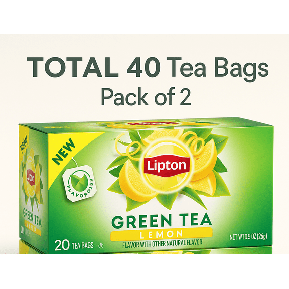 Lipton Lemon Green Tea Bags, Flavored, Unsweetened Teabags for Hot or Iced Tea, with Caffeine and Natural Flavonoids, 20 Count Each – Pack of 2 (Total 40 Tea Bags)