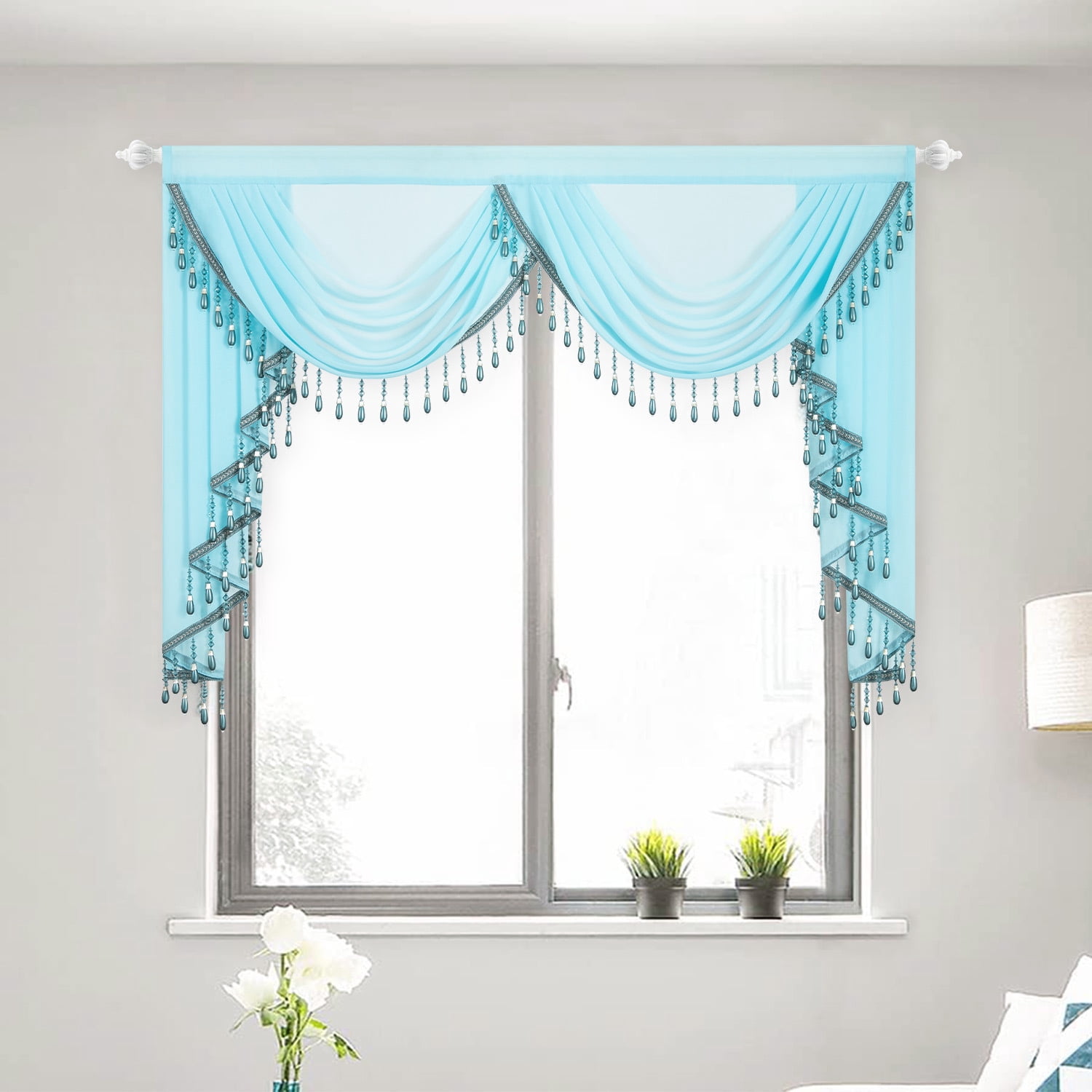 VOGOL Sheer Window Curtains Valance, 1 Panel Retro Style Drapes for Living Room with 2 Swags, Luxury Waterfall Valances for Home Wedding Party, 59 inches Wide, Light Blue