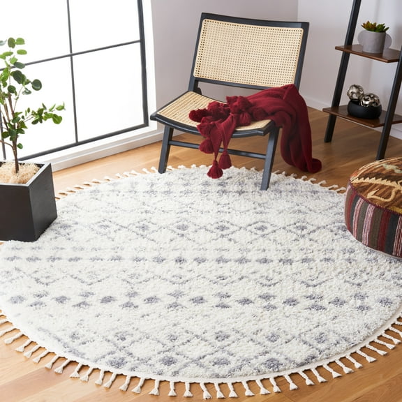 SAFAVIEH Berber Fringe Vinal Aztec Shag Area Rug, Ivory/Gray, 6'7" x 6'7" Round