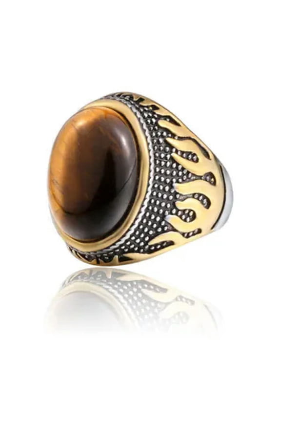 Mens Stainless Steel Gold Natural Oval Tiger Eye Stone Ring Men Size 7-13-8