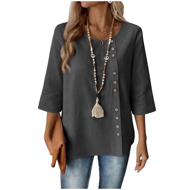 Mujeres 3/4 Manga Tops Y Blusas de Color Sólido con Botones Cuello Redondo Casual Top de Moda 3/4 Manga Tops Casuales para Mujeres
