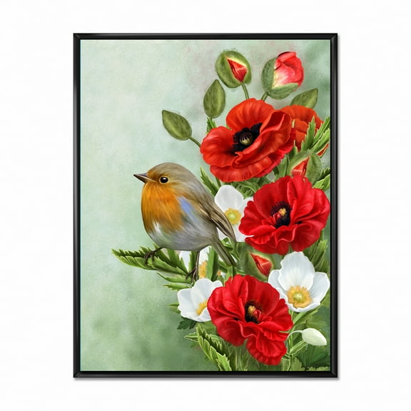 Red Poppies and White Anemones With Yellow Bird 12 in x 20 in Framed Painting Canvas Art Print, by Designart