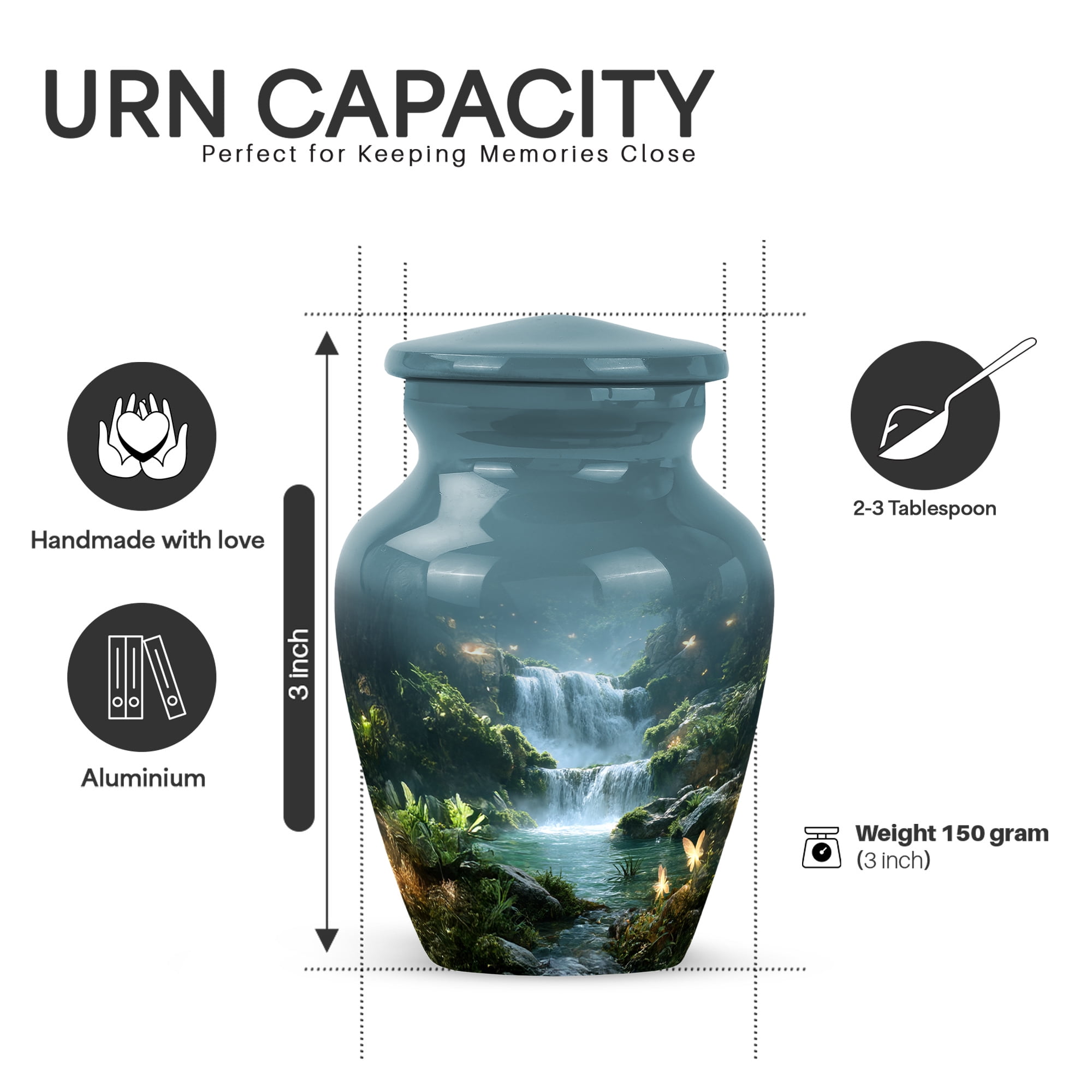 Yatskia Waterfall with Butterflies Large Funeral Urn for Ashes Adult Man, Decorative Small Cremation Keepsake Urn for Ashes for Women, (Classic 10 Inch and 3 Inch)