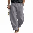 thumbnail image 3 of Linen Pants for Men Elastic High Waist Drawstring Wide Leg Pants Casual Breathable Summer Vacation Beach Trousers, XL, 3 of 9