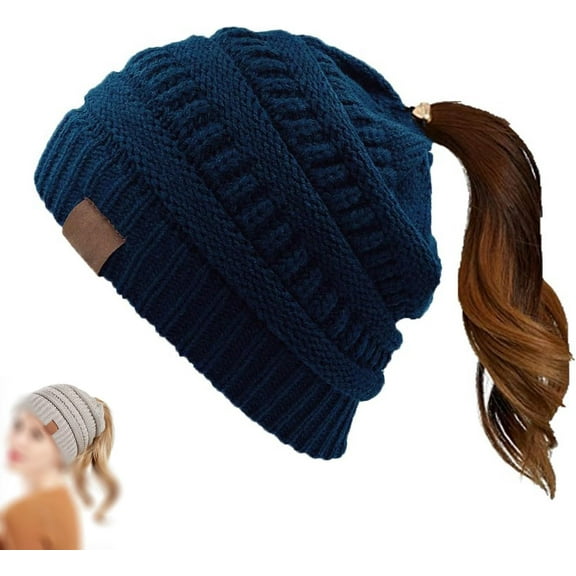 Women's Ponytail Beanie Hat, Winter Warm Knit Slouchy Beanie with Criss-Cross Opening for High Buns & Ponytails