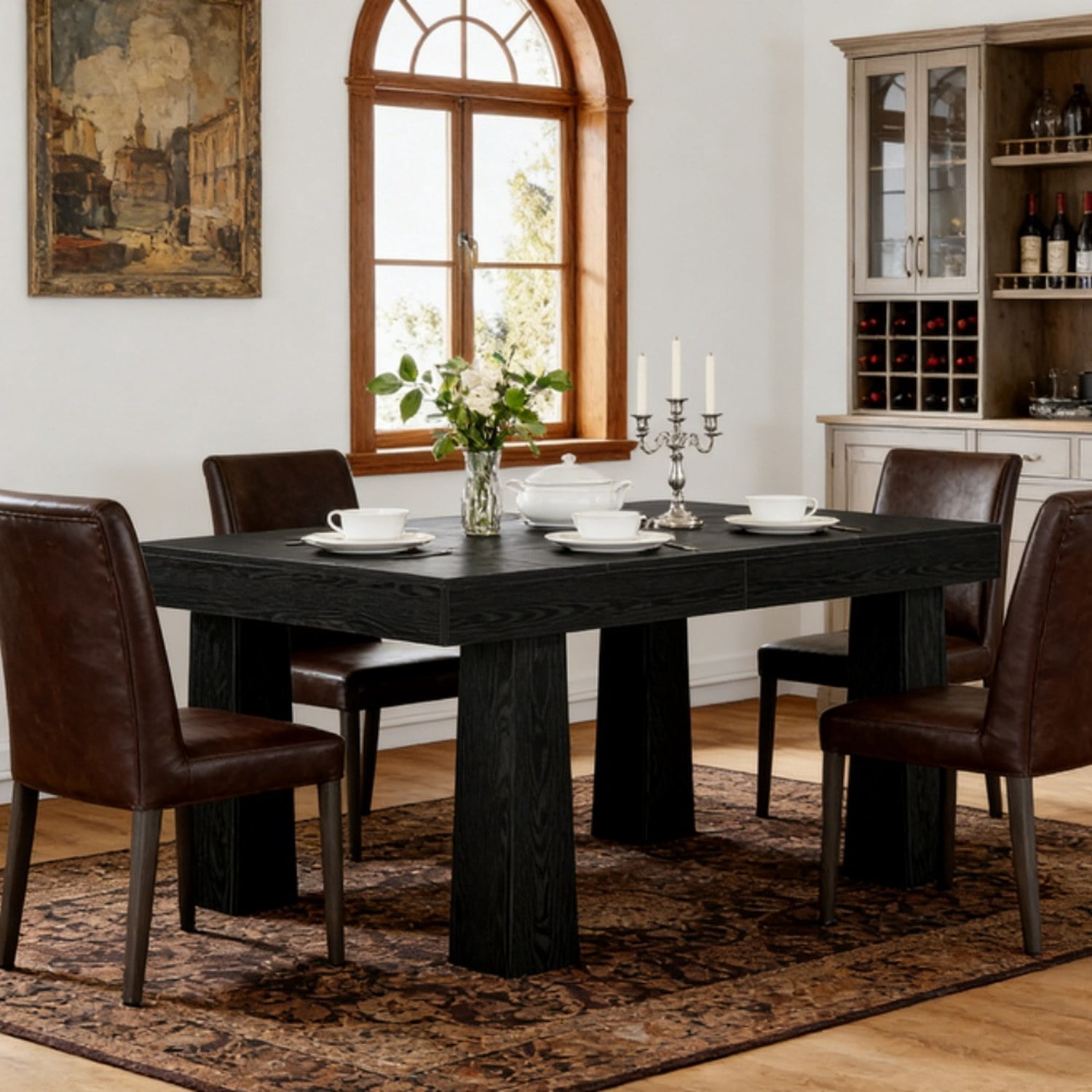 Black Dining Table, 63 in W x 31.5 in D, MDF Top, Seats 4-6, Industrial Style