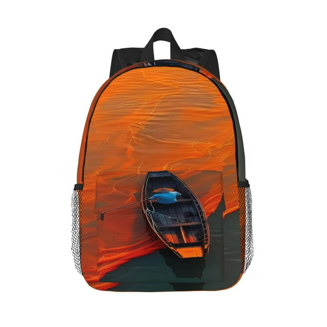 Xecao Orange Net Fishing Boat Pattern Backpack for Students Lightweight School Bag with Water-Resistant Fabric Ergonomic Straps for Travel or Daily Use