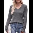 thumbnail image 3 of Camisas de Larga para Mujer, Cuello en V, Blusas Casuales de Otoño, Suéteres Holgados, Túnicas, Ropa de Moda 2025. Negro Gris XXL, 3 of 9