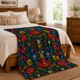 thumbnail image 6 of Vibrant Folk Art Floral Botanical Black Cheerful Decorative, Warm Flannel Blanket for Sunroom and Reading Nook, Festive autumn celebration Scene, Art Lovers autumn celebration Gift, 6 of 7