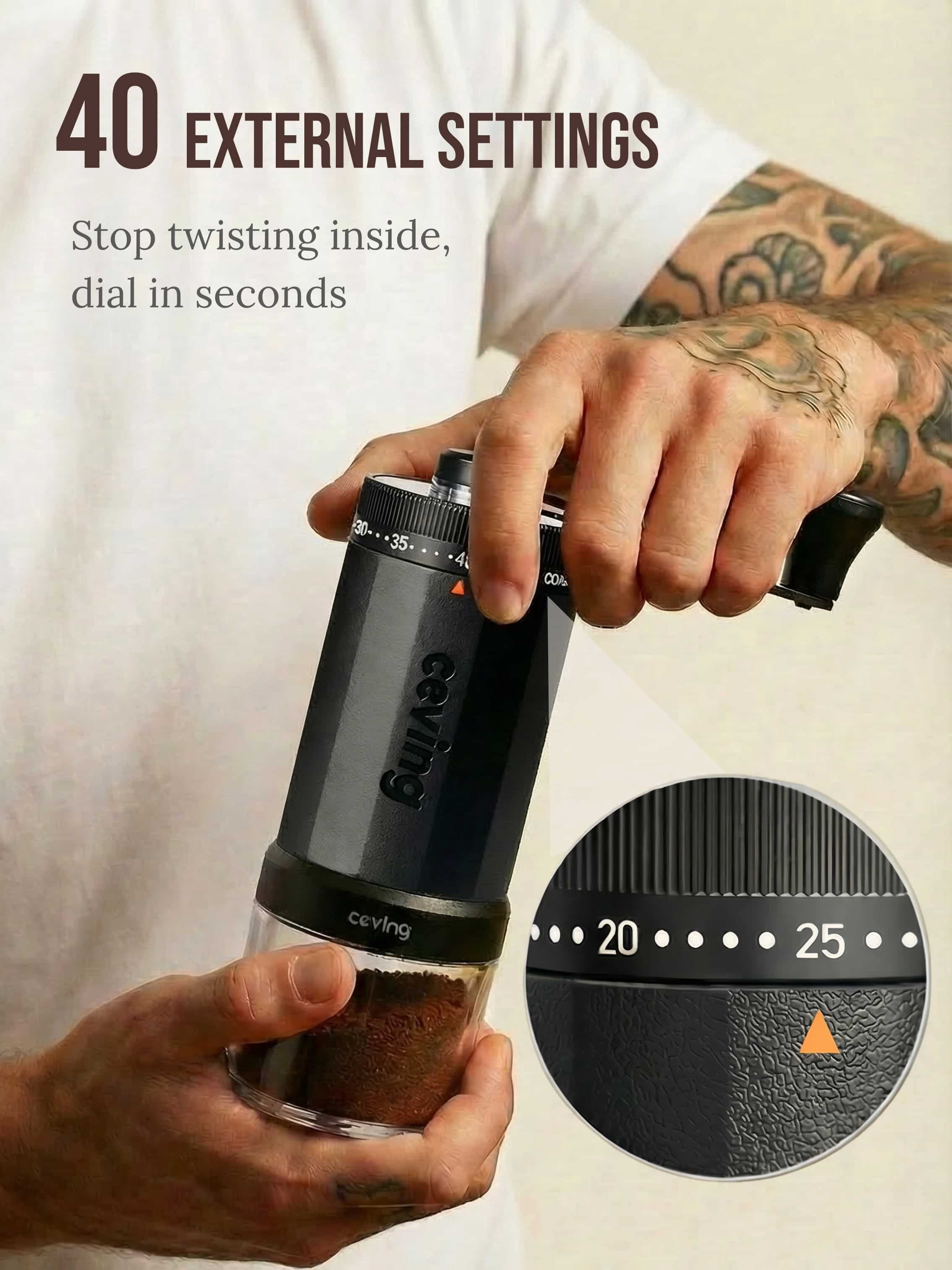 Ceving Manual Coffee Grinder, Stainless Steel Burrs, 60g Large Capacity, 40 External Settings, High-Precision, Food-grade Plastic Body