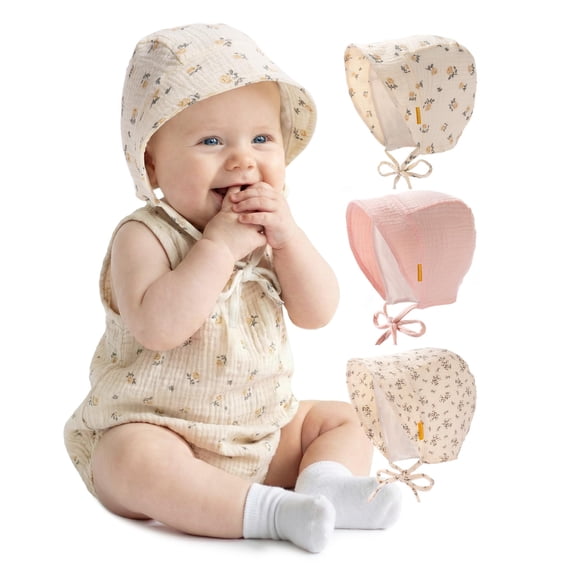 FURTALK 3 Pack Baby Bonnet Muslin Cotton Soft Adjustable Chin Strap for Infant Boys Girls