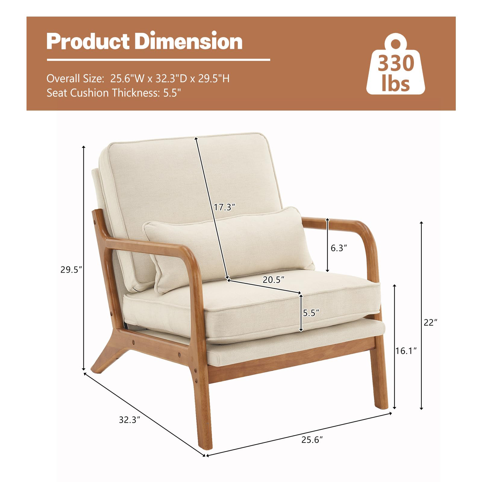 Accent Chairs, Single Linen Lounge Reading Armchair with Solid Wood Frame, Mid Century Modern Easy Assembly Arm Chairs for Living Room-Beige - image 2 of 8