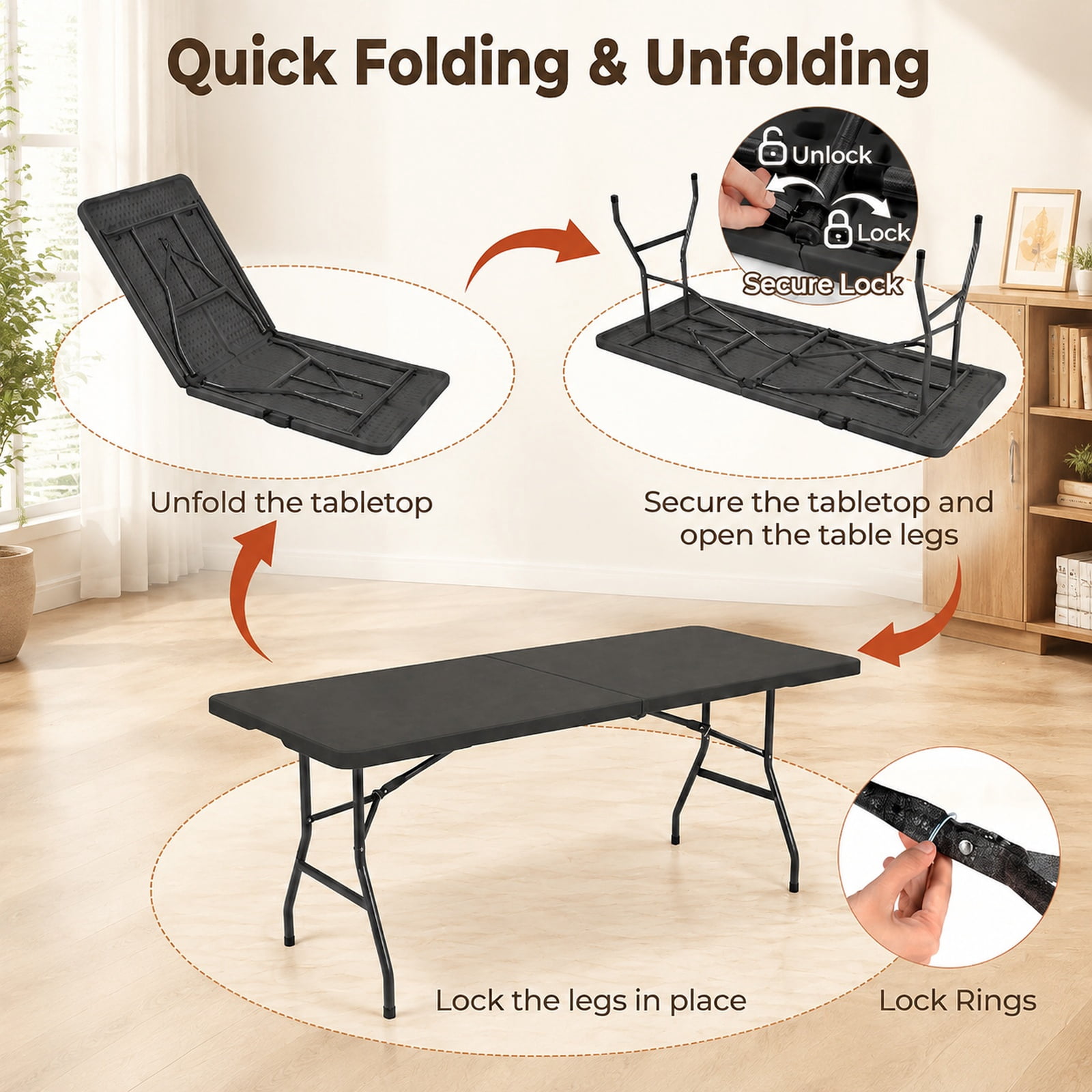 Biotree 6 FT Fold-in-Half Folding Table, Portable HDPE Camping Dining Table with Handle, Locking Legs and 220 lbs Capacity for Party, Black