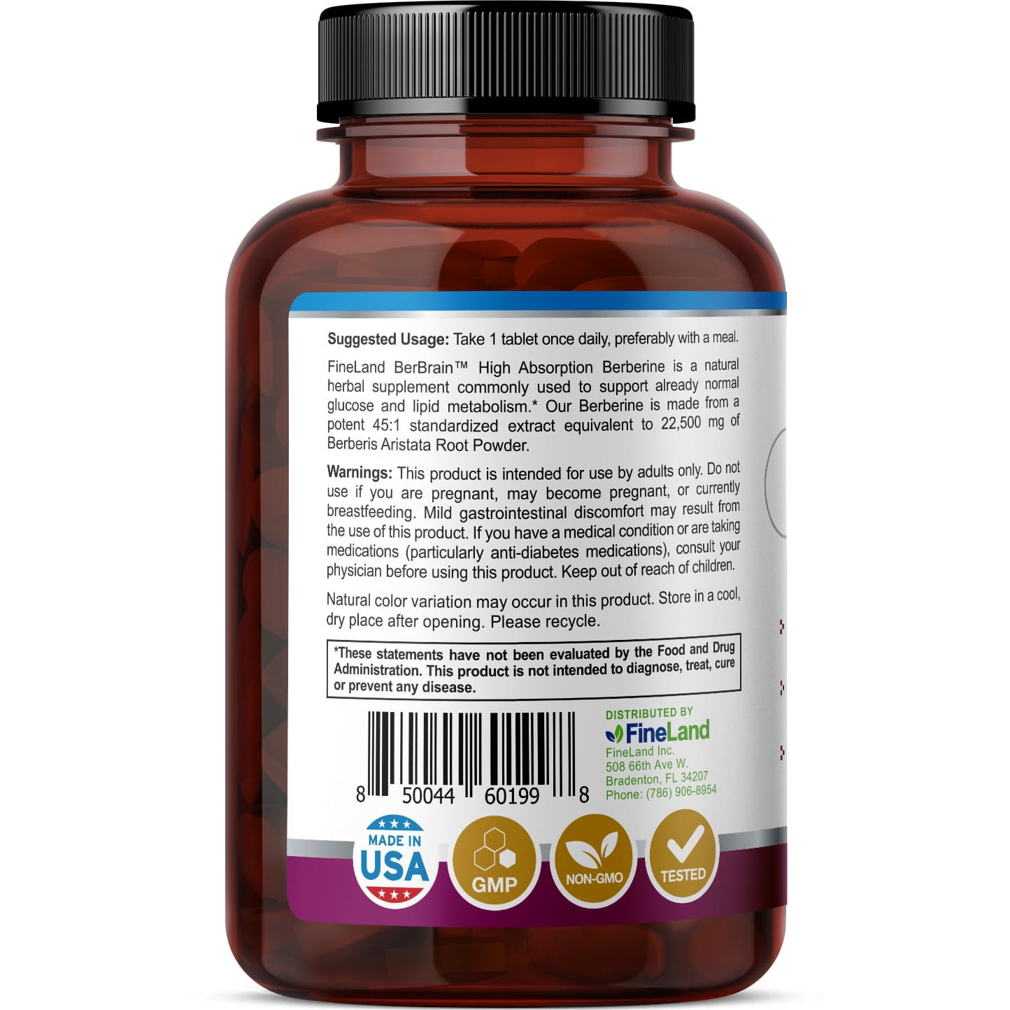 Fineland Vitamins BerBrain Berberine 45:1 Concentration 22,500 mg 90 Tablets